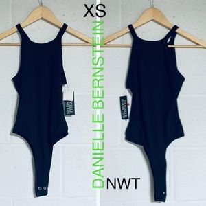 NWT (XS) Danielle Bernstein shirt thong high neck ribbed black high leg bodysuit